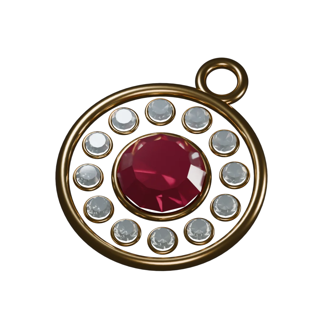 Ruby halo pendant with twelve surrounding stones and separate gold settings